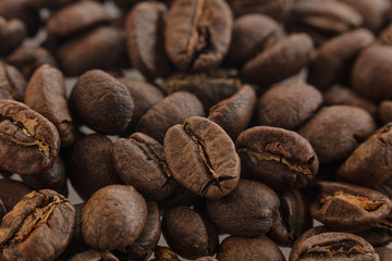 Many coffee grains. Part of the background in blur. Top view at an angle. For design.