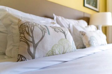 Image of several pillows on bed with white blanket