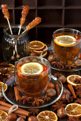 Still life with tea and lemon. Healthy drink.