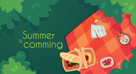 Cartoon Summer Picnic in Park Basket Card Background Place for Your Text Top View. Flat Design Style. Vector illustration
