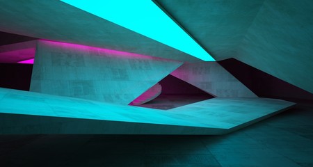 Abstract architectural concrete interior of a minimalist house with color gradient neon lighting. 3D illustration and rendering.