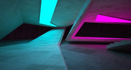 Abstract architectural concrete interior of a minimalist house with color gradient neon lighting. 3D illustration and rendering.