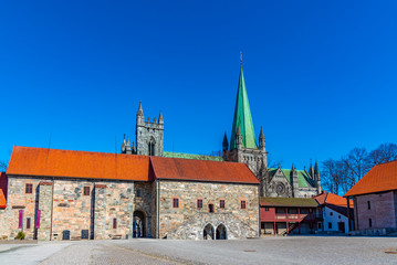 Nidaros cathedral viewed from courtyard of archbishop's palace in Trondheim, Norway