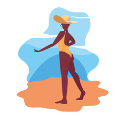 beautiful woman with swimsuit and hat summer time