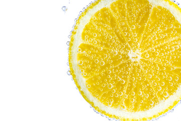 Ripe lemon slice in water, closeup
