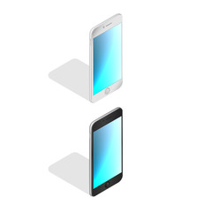 Obraz na płótnie Canvas Smartphone. Empty touchscreen mobile phone blue glows. 3d isometric design. Template of cellphone with a blank display. Digital gadget mockup is in side perspective view. Realistic vector illustration
