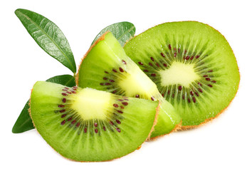 Naklejka na ściany i meble Slices kiwi fruit with leaves isolated on white background