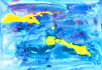 Blue, turquoise and yellow watercolor splash background. Paint stains with spots, blots, grains, splashes. Colorful abstract wallpaper.