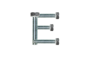 The letter E is made of metal bolts