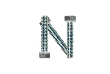 The letter N is made of metal bolts