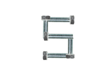 The letter S is made of metal bolts