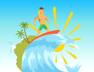 Obraz na płótnie Canvas Surfer riding the wave. Vector illustration in flat stile.