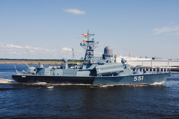 A line ahead of modern russian military naval battleships warships in the row, northern fleet and...