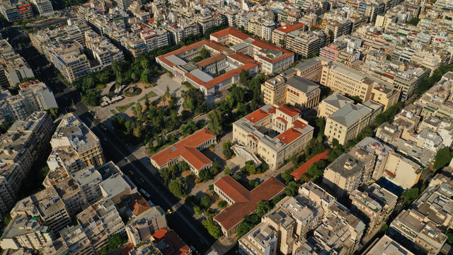Aerial photo of iconic landmark neoclassic building of National Archaeological Museum in the heart of Athens historic centre, Attica, Greece