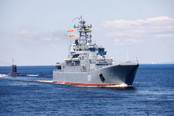 A line ahead of modern russian military naval battleships warships in the row, northern fleet and...