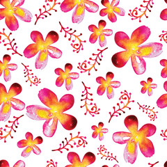 Fototapeta na wymiar Seamless floral watercolor background. Texture in children's style for textiles, Wallpaper, packaging. Bright colorful flowers and herbs in a modern style.