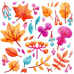 Fototapeta na wymiar Set of bright colorful autumn leaves and berries. Isolated on white background. Simple cartoon hand drawn flat style illustration with textures for kids