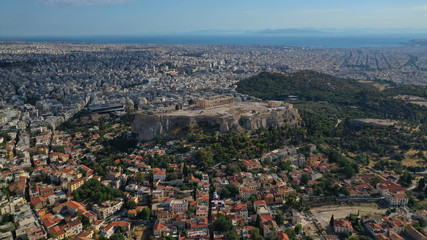 Aerial drone photo of iconic Plaka and Monastiraki districts and iconic Acropolis hill with...