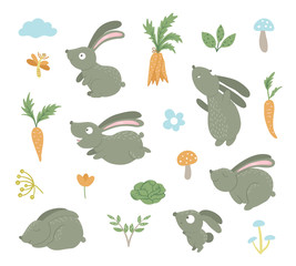 Vector set of cartoon style flat funny rabbits in different poses with carrot, cabbage, flowers, cloud, mushroom clip art. Cute illustration of woodland animals.