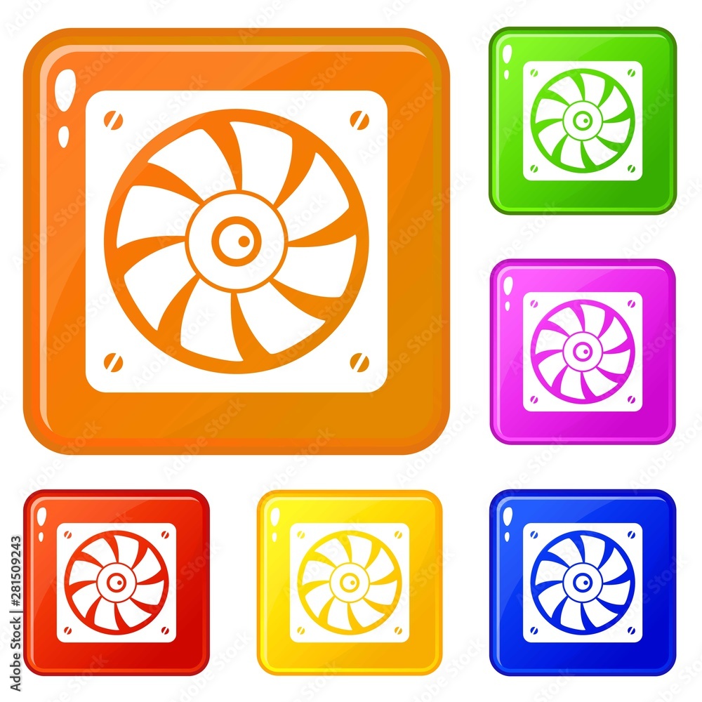 Poster computer fan icons set collection vector 6 color isolated on white background