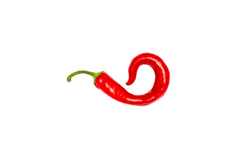 Pod of hot chili pepper in a curved shape like a question mark, isolated