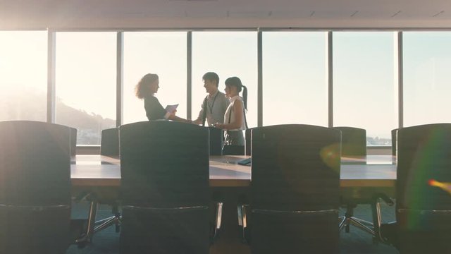 business people shaking hands consultant greeting international clients with handshake planning partnership deal female executive meeting shareholders in corporate office at sunset