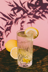 Fresh lemonade in a cocktail glass isolated on pink and purple background with plant shadows