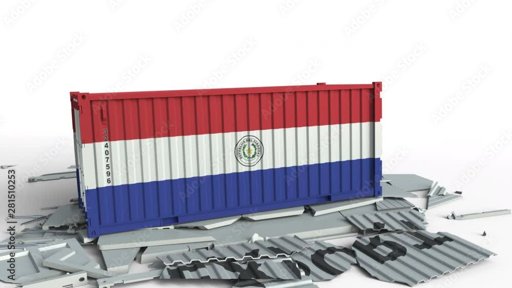 Poster cargo container with flag of paraguay breaks container with export text. conceptual 3d animation
