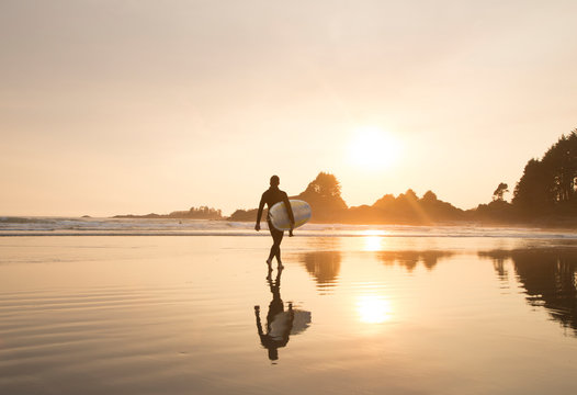 Rear view of man with surfboard walking on beach during sunset