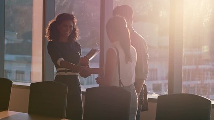business people shaking hands consultant meeting international clients greeting with handshake planning partnership deal female executive working with shareholders in corporate office at sunset - Powered by Adobe