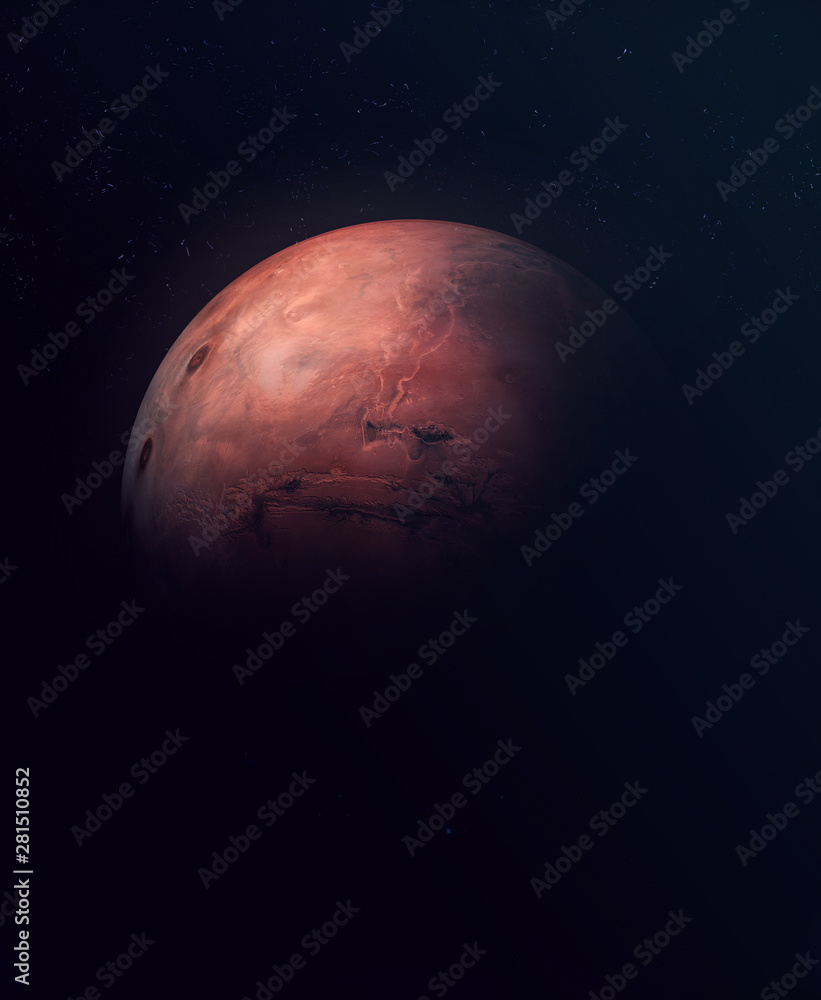 Poster Planet Mars. Astronomy and science concept. Dark background. Space texture. Elements of this image furnished by NASA.	
