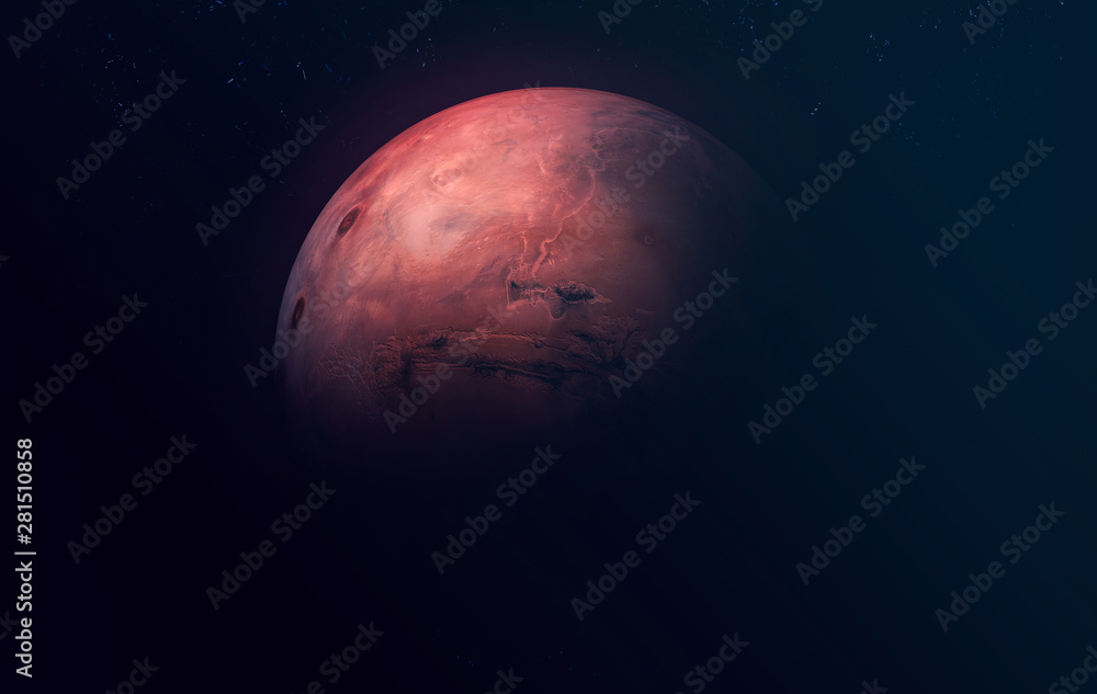 Poster Planet Mars. Astronomy and science concept. Dark background. Space texture. Elements of this image furnished by NASA.