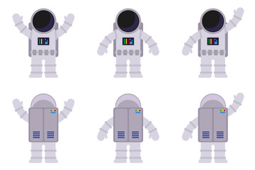 Isolated images of an astronaut in different poses, from the front and back. Vector flat illustration