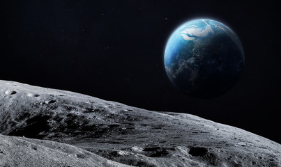 Moon surface and Earth planet on the background. Deep space. Elements of this image furnished by NASA