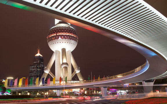 Illuminated view of Oriental Pearl TV Tower at night
