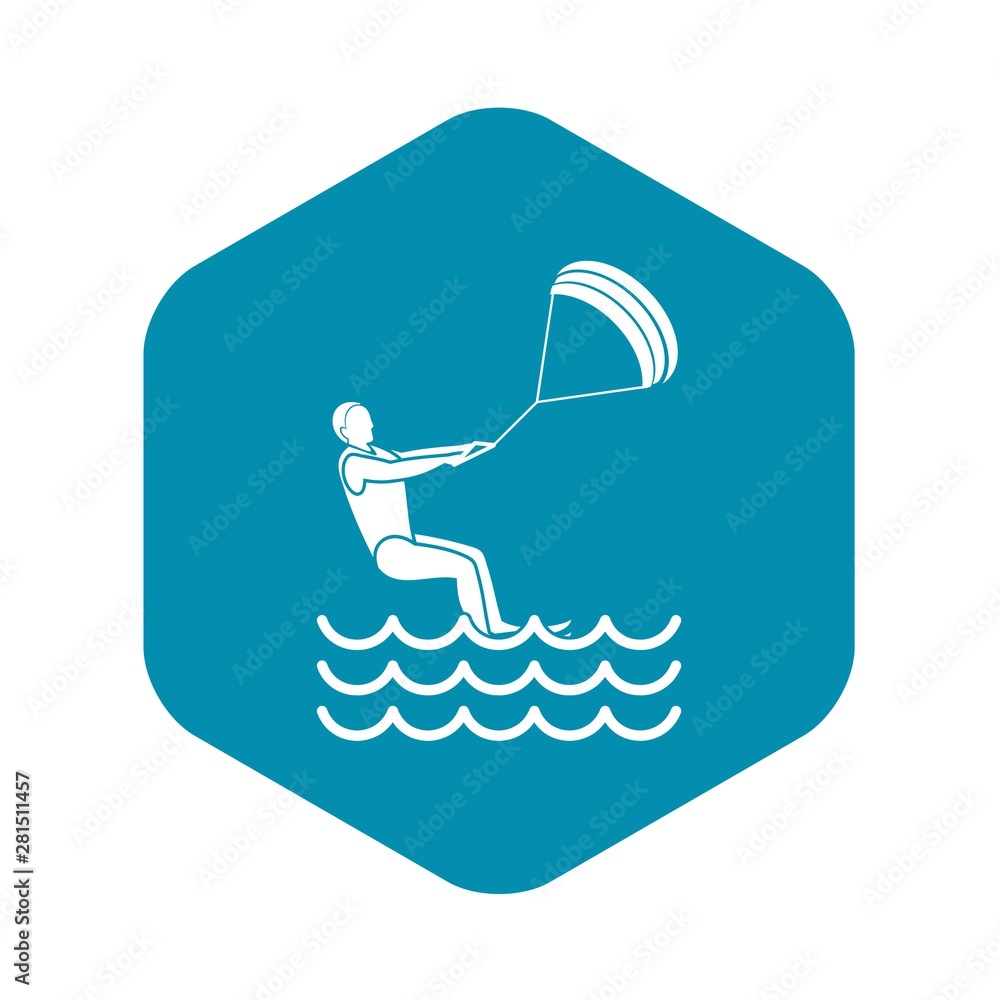 Poster man takes part at kitesurfing icon. simple illustration of man takes part at kitesurfing vector icon