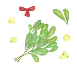 Watercolor traditional Christmas mistletoe plant elements, hand drawn illustration,  Merry Christmas and Happy New Year pattern