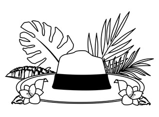 Summer hat with tropical foliage in black and white