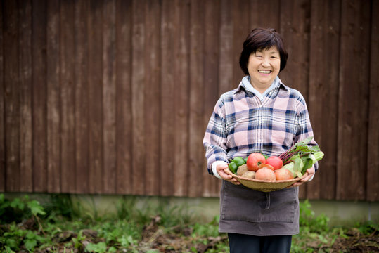 Portrait of woman holding basket of vegetables while standing on farm