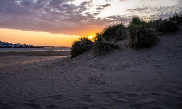 Instow, Devon - July 27 2019: Sunset over the Sand Dunes at the Beach
