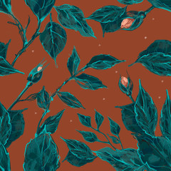 seamless vintage floral pattern with leaves dark background handpainted style