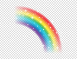 Abstract Realistic Colorful Rainbow with Shiny Stars on Transparent Background. Vector illustration.