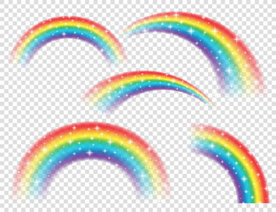 Abstract Realistic Colorful Rainbow with Shiny Stars on Transparent Background. Vector illustration.