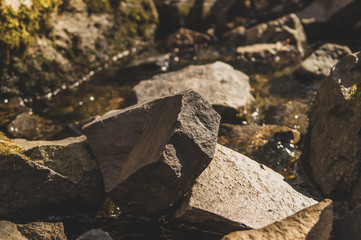 small stone turrets in the forest. stone sculptures