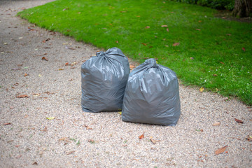 two garbage bags standing by the road