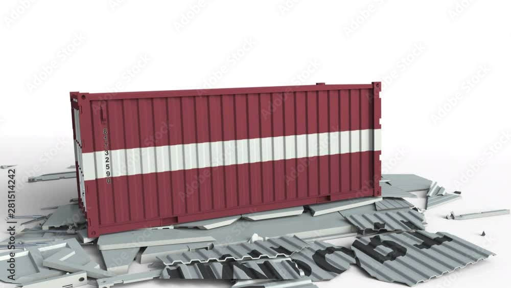 Poster cargo container with flag of latvia breaks container with import text. conceptual 3d animation