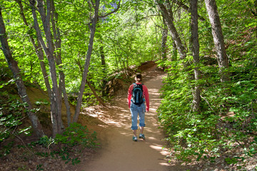 Obraz premium Young girl walking on the Emerald Falls Trail in Zion National Park under a canopy of trees on a summer morning.