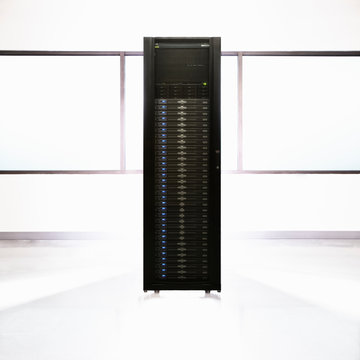 Rack housing server in server room
