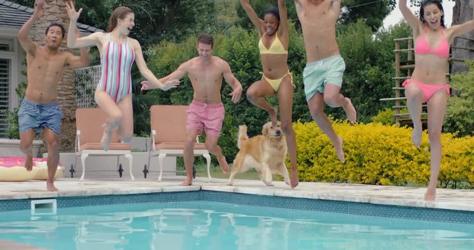 friends jumping in swimming pool having fun celebrating summer vacation together  group of teenagers enjoying pool party on sunny day spring break celebration 4k