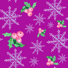 Watercolor snowflakes and christmas berries seamless pattern. Blue snowflake on a bright pink background. Winter holidays wallpaper, Christmas and New year hand drawn illustrations.